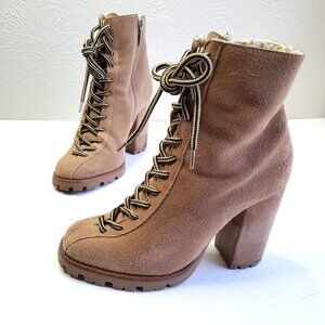 Schutz Chunky Lace Up Booties Sz 7.5 Tan Suede Fur Lined Hiker Combat Boots